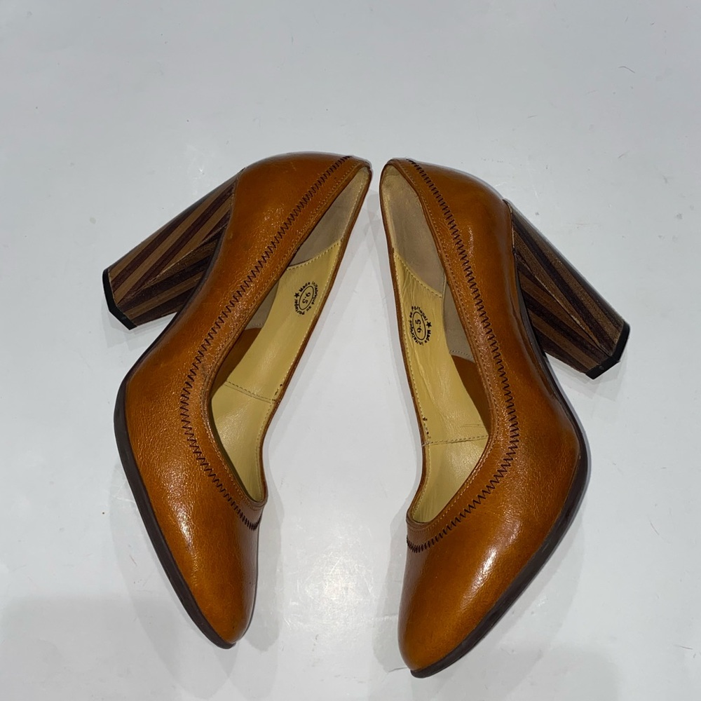 John Fluevog Tan Patent Leather Chunky Heel Pumps